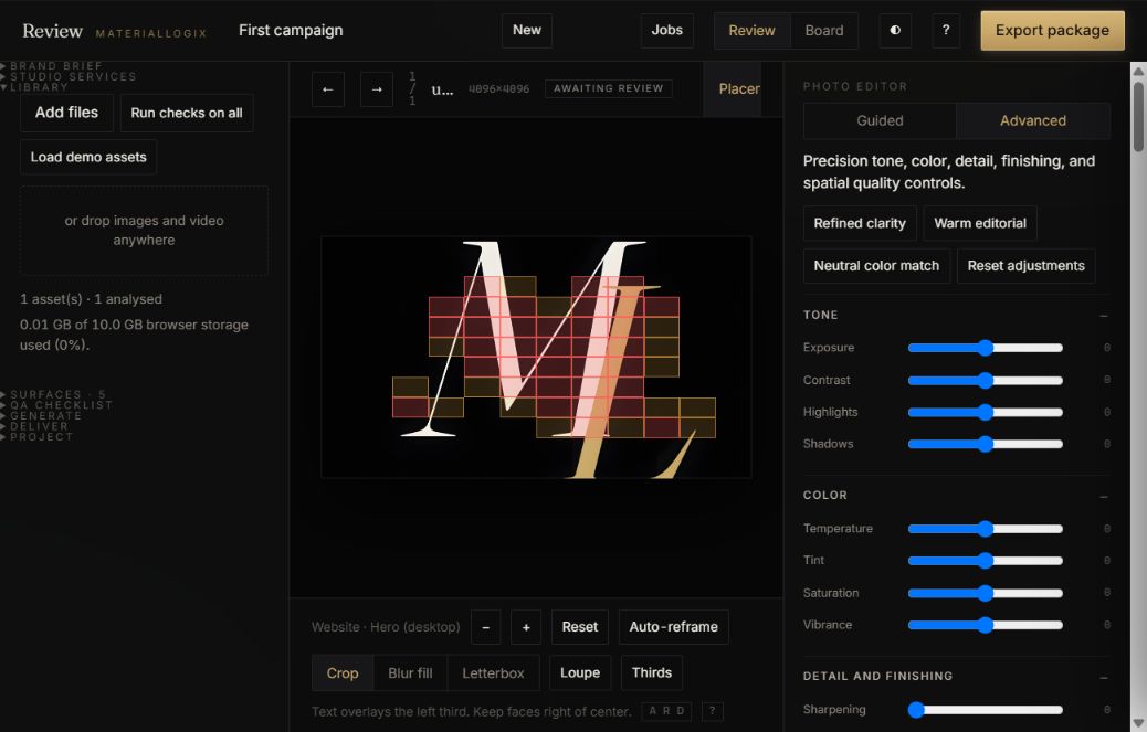 MaterialLogix Review Studio showing campaign direction, project settings, and Jobs and usage